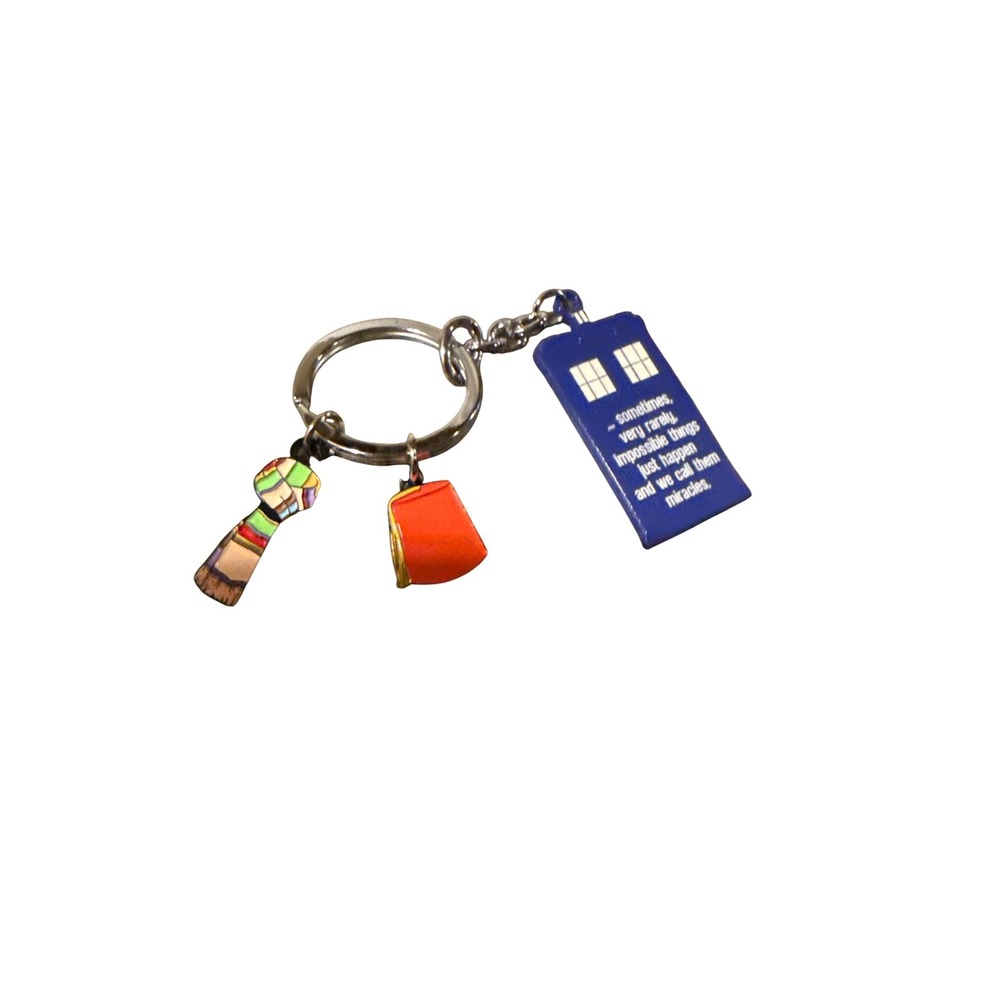 Doctor Who TARDIS Fez Scarf Quote Charm Keychain Blue Red Silver Tone Sci-Fi